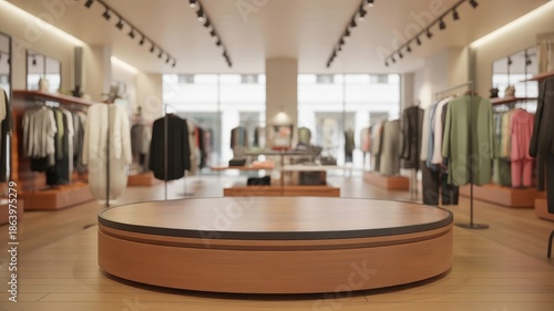 Empty circular display table in a modern clothing store interior with clothes racks