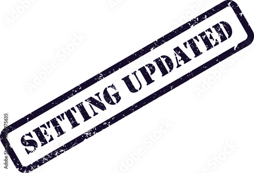 This image displays a dark blue distressed rubber stamp impression clearly stating SETTING UPDATED on a crisp white surface