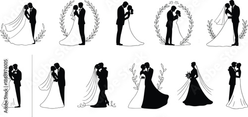Set of wedding couple silhouettes vector illustration isolated on white background showing bride and groom romantic ceremony love collection