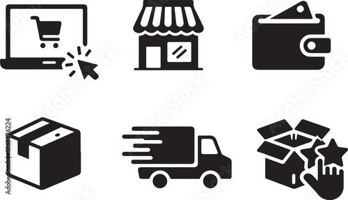 Online shopping icons representing e-commerce process isolated on white background, Vector, illustration
