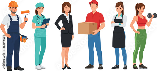 Professional people characters set illustration showing different occupations careers workers jobs lifestyle flat vector isolated white background design
