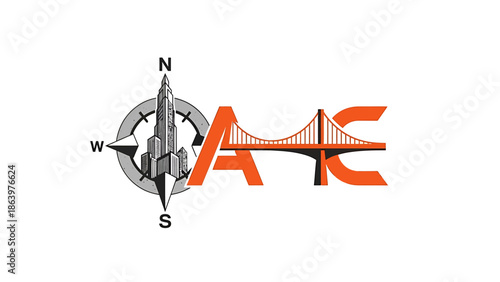 Graphic representation of a bridge and compass, perfect for travel or business logos and icons