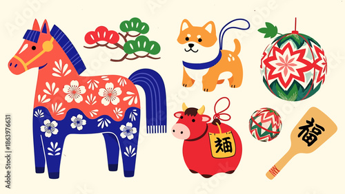 Colorful Japanese New Year Decorations Horse, Dog, Bull, and Festive Ornaments Vector Illustration