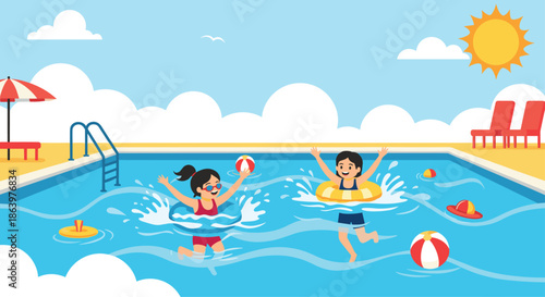 Happy young girls playing with colorful beach balls and inflatable rings in outdoor swimming pool under a bright sun.