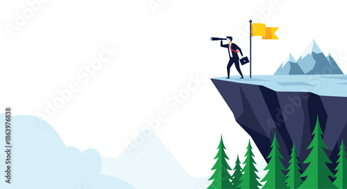 Determined businessman standing on mountain peak with telescope and flag looking towards future goals and opportunities.