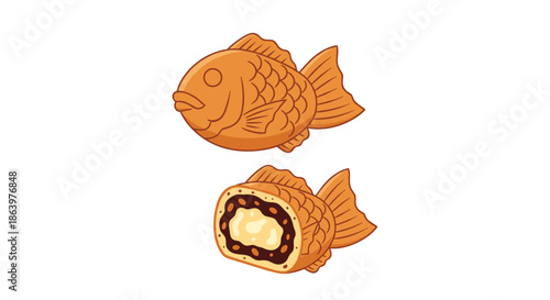 Traditional japanese fish shaped taiyaki cake shown whole and sliced with red bean paste and custard cream filling.