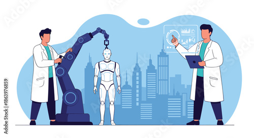 Professional scientists and engineers working on humanoid robot development in modern laboratory with city skyline background.