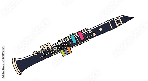 Elegant black clarinet with vibrant multicolored keys depicted against a simple white background for artistic effect.