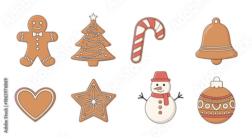 Selection of delicious traditional christmas gingerbread cookies in various festive shapes on a white background.
