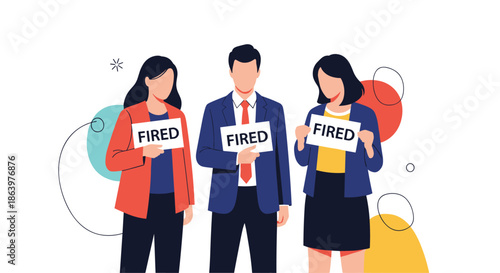 Group of diverse office workers looking sad while holding paper signs with the word fired during corporate downsizing.