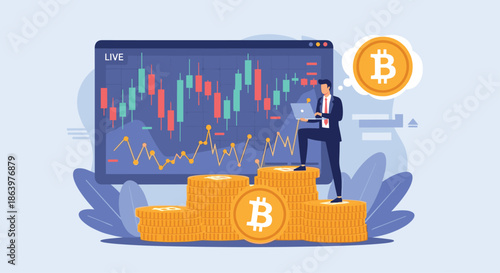Businessman analyzing real time cryptocurrency market data charts while standing on large stacks of bitcoin gold coins.