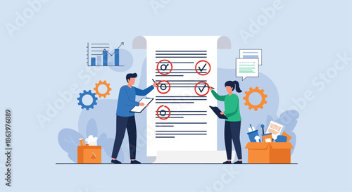 Business people organizing and checking off tasks on a giant paper list next to boxes filled with various office equipment.