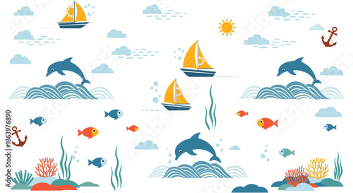 Playful marine life illustration featuring dolphins leaping over waves with sailboats and colorful fish in the ocean.