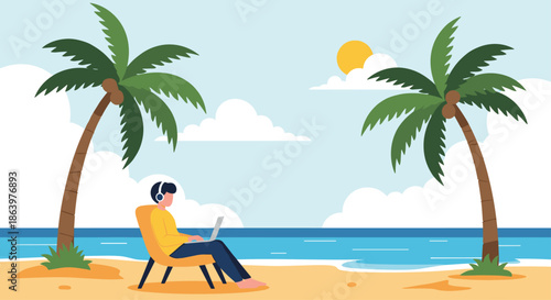 Relaxed person working remotely on laptop while sitting on a beach chair between tropical palm trees by the sea.