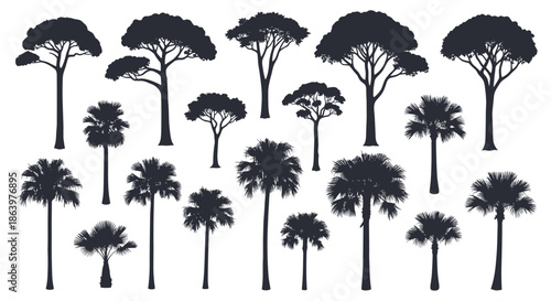 Large collection of diverse tree and palm tree silhouettes in solid black color against a clean and minimal white background.