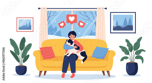 Happy young person hugging their pet dog on a yellow sofa in a cozy living room during the beautiful and cold winter season.