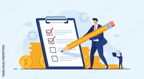 Motivated businessman in a professional suit using a giant pencil to check off completed tasks on a large clipboard.