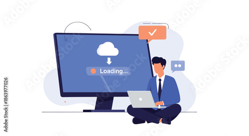 Businessman working on laptop in front of giant screen displaying data loading process from the cloud network.