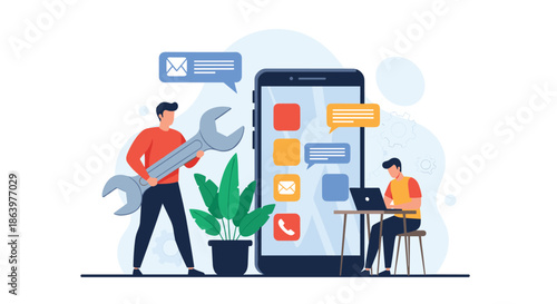 Professional technicians working together to repair a giant smartphone using tools and modern computer software.