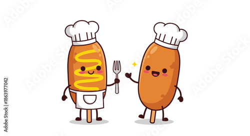 Pair of adorable smiling corn dog characters wearing chef hats and aprons while holding a fork in a friendly food illustration.