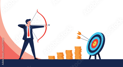 Determined professional businessman aiming at a bullseye target with stacks of gold coins representing financial goals and success.