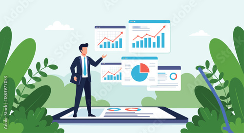 Successful businessman presenting various financial growth charts and data analytics while standing on a large digital tablet device.