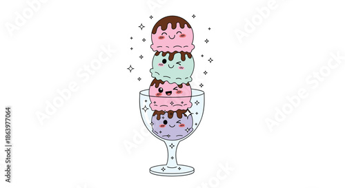 Stack of four cute ice cream scoops with different colors and happy faces served in a glass bowl with sparkles on a white background.