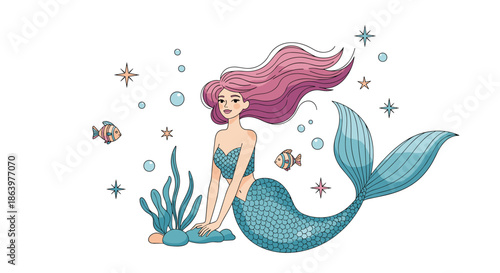 Graceful mermaid with flowing pink hair and a blue scales tail swimming peacefully underwater among small fish and green seaweed.