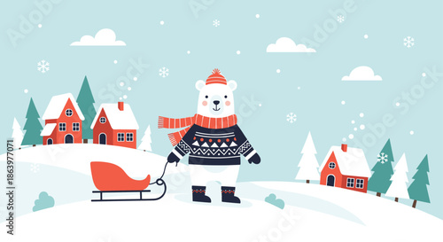Charming polar bear character wearing a warm sweater and scarf while pulling a red sled through a snowy winter village landscape.