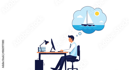 Office worker at a desk dreaming about a sailboat at sea. Tired employee sitting at a computer desk and daydreaming about a relaxing vacation.