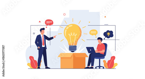 Creative team working together with a large glowing lightbulb emerging from an open box to represent a breakthrough new business idea.