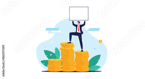 Successful professional businessman standing confidently on top of growing stacks of gold coins while holding a large blank white board.