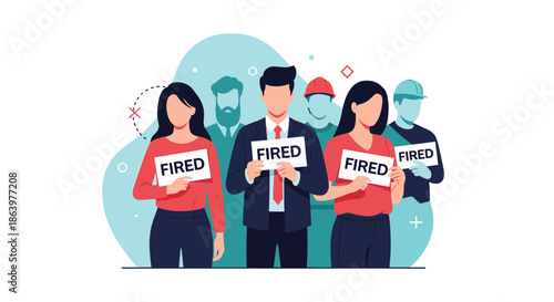 Serious group of diverse workers from different professions standing together and holding white signs with the word FIRED in bold.