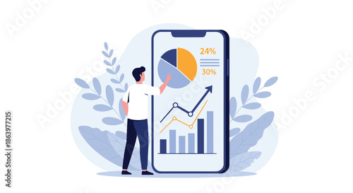 Data analyst professional standing in front of a giant smartphone screen and interacting with complex financial growth charts and graphs.