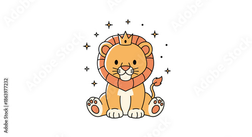 Adorable baby lion character wearing a small gold crown and sitting peacefully surrounded by golden sparkles on a white background.
