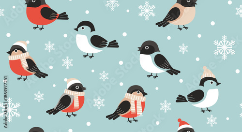 Adorable seamless winter pattern featuring cute little birds wearing colorful knitted hats and scarves among white snowflakes on blue.