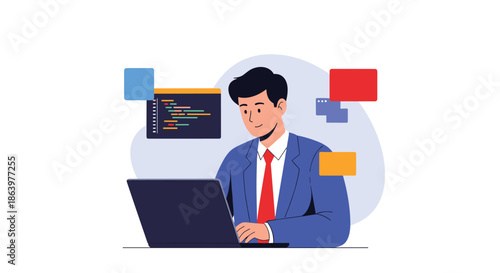 Professional software developer working on a laptop while various floating code snippets and interface elements surround his workspace.