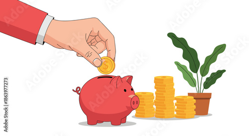 Human hand placing a gold dollar coin into a red piggy bank to represent the concept of regular money saving and financial planning.