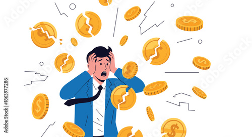 Anxious businessman holding his head in distress while surrounded by falling broken gold coins representing a sudden financial crisis.