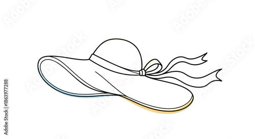 Elegant hand-drawn wide brim summer straw hat with a delicate flowing ribbon bow tied around the crown on a white background.
