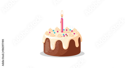 Delicious chocolate birthday cake topped with smooth white icing, colorful round sprinkles, and a single lit pink candle on top.