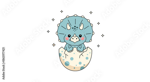 Cute baby triceratops dinosaur hatching from a spotted egg surrounded by small twinkling stars against a clean white background.