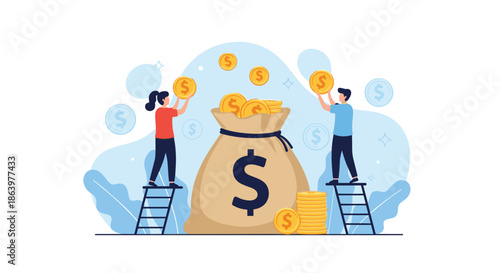 Small people standing on ladders while filling a giant money bag with large gold coins, symbolizing wealth accumulation and savings.