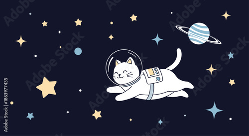 Playful white cat wearing an astronaut suit and helmet floating in outer space among twinkling stars and a distant ringed planet.