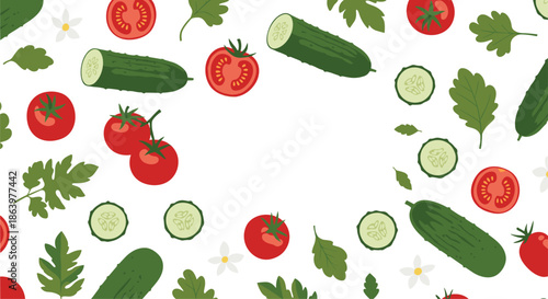 Fresh vegetable pattern featuring red tomatoes, green cucumbers, sliced pieces, and green leaves scattered on a white background.