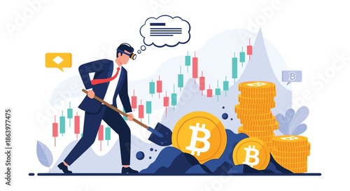 Focused businessman wearing virtual reality goggles and using a shovel to mine digital bitcoin gold coins on a blue background.