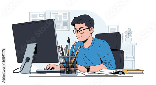 Creative young man sitting at his workspace with a computer monitor and various art supplies, working on a digital design project.