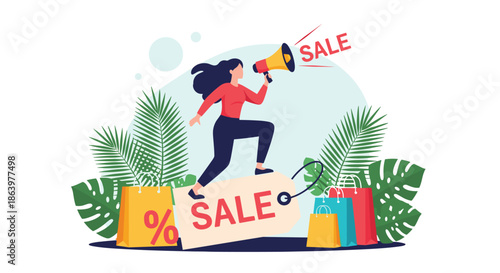 Energetic woman with a megaphone announcing a massive sale while standing on a giant price tag surrounded by shopping bags and plants.