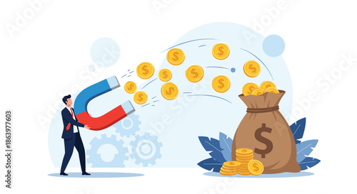 Successful businessman using a giant horseshoe magnet to attract gold coins from a large money bag, symbolizing profit and success.