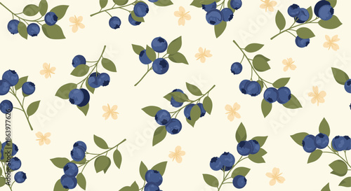 Beautiful pattern of blueberry branches with green leaves and delicate yellow flowers arranged on a soft cream colored background.